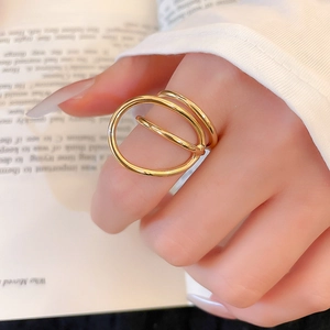 Detail view of stylish gold geometric multi-layered ring worn for an elegant look