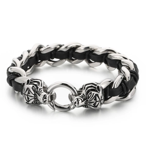 Men's titanium steel bracelet featuring tiger head charms and black leather braid
