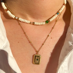 French vintage layered gold necklace with white beads and green stone square pendant