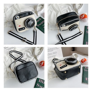 Detailed views of a creative camera-shaped crossbody bag with a striped strap and a mini lens