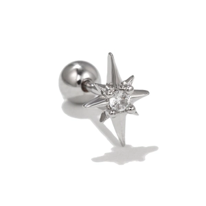 Close-up of silver star stud earring featuring central zircon and ball screw back