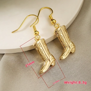 Creative western cowboy boot earrings in gold finish with scroll texture and dimensions