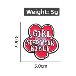 Detailed dimension view of pink flower enamel pin showing 3.0cm size and scripture text