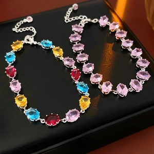 Oval Cubic Zirconia Bracelet Copper Silver Plated Colorful Elegant Fashion Bangle Adjustable For Women