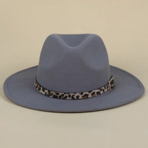 Grey wool fedora hat with leopard print band and golden buckle for women