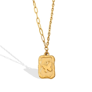 18K gold plated butterfly square pendant necklace with mixed link chain on white background