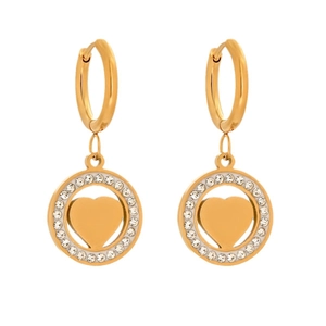 Boucles d'oreilles cœur dorées avec strass brillants dans un cadre circulaire