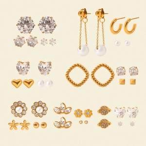 Stainless Steel Stud Earrings Gold Plated Zircon Imitation Artificial Pearl Flower Geometric Star Moon Heart Elegant Jewelry For Women