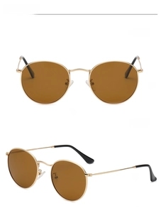 Front and 45-degree side views of round retro polarized sunglasses with gold metal frames