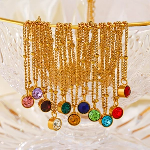 Birthstone Necklace For Women 18K Gold Plated Stainless Steel Round Crystal Dainty Pendant Minimalist Tiny Bead Chain