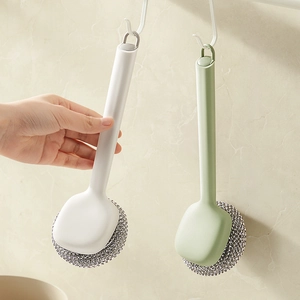 Long handle dish brush with replaceable steel wool head for kitchen stove and pot cleaning