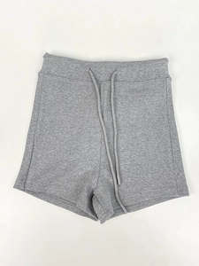 Women's high waist grey knit yoga shorts with drawstring for fitness and athletic wear