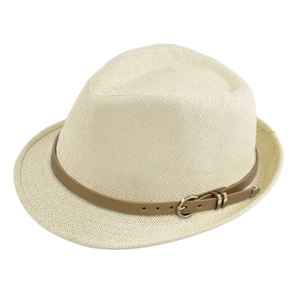 Close-up of woven straw fedora featuring a slim brown leather belt and gold metal buckle