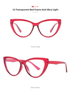 Detail view of transparent red cat-eye glasses frame with anti-blue light lens technology