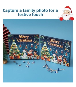 Detailed view of blue Christmas advent calendar with DIY charm bracelet and jewelry pieces