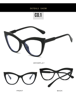 Three-angle views showing retro black cat-eye frame design and hinge details