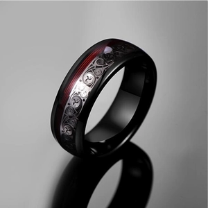 8mm black tungsten ring for men with red guitar string inlay and laser engraved patterns
