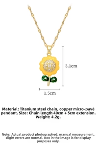 Detail of titanium steel sunflower necklace with yellow enamel petals and zircon inlay