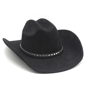 Detailed view of black faux suede cowboy hat featuring silver square studded hatband