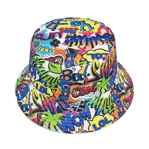 Vibrant pop art graffiti bucket hat with colorful summer print for sun protection