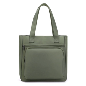 Waterproof army green nylon business tote bag with large zipper pocket and dual handles