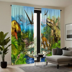 3D realistic dinosaur world print curtains for living room featuring T-Rex and jungle