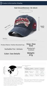 Detailed size chart for vintage washed cotton baseball cap with dimensions and fit guide