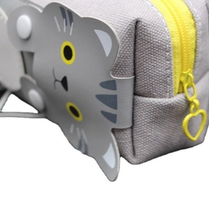 Cute gray cat pencil case with yellow zipper and heart metal puller on canvas fabric
