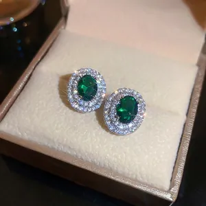 Oval Green Gemstone Stud Earrings Copper With Silver Earring Post Zircon Halo Retro Elegant Jewelry For Women