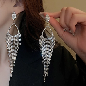 Elegant silver teardrop earrings with long rhinestone tassels on a female model