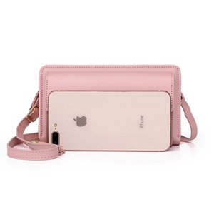 Pink lychee texture leather mini phone bag with adjustable strap and zipper closure