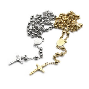 6mm vintage stainless steel rosary necklace with cross pendant in gold and silver finish
