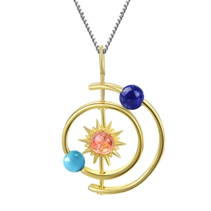 Solar system necklace with sun pendant, blue lapis and turquoise natural stone beads