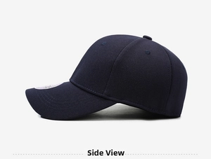 Side view of dark blue six-panel baseball cap showing twill fabric and silver sticker