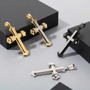 Men Retro Cross Pendant Necklace Stainless Steel Double Layer Two Tone Religious Gothic Industrial Style Jewelry Gift