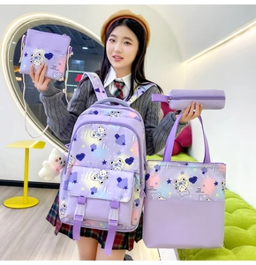 Four-piece purple student backpack set with cute cartoon bear print and tote bag