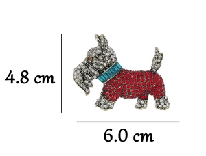 Detail showing Schnauzer dog brooch with red and white rhinestones and dimensions