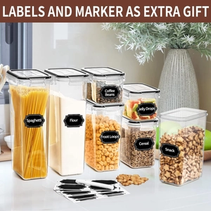 Clear plastic food storage containers 24-piece set with black airtight lids and labels