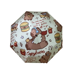 Green automatic Capybara umbrella with cartoon burger and snack patterns for sun and rain