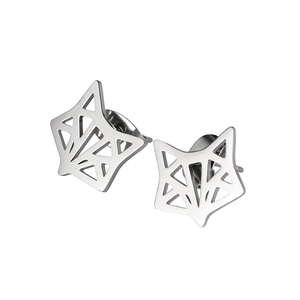 Minimalist geometric hollow fox head stud earrings in polished stainless steel finish