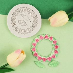 Grey silicone mold with rose flower wreath and leaf design for cake decoration