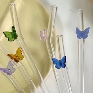 Heat-resistant glass straws with colorful butterfly decorations for juice and tea