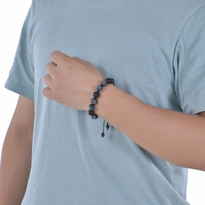 Herren Armband aus 10mm blauem Tigerauge und Hämatit mit verstellbarer Kordel