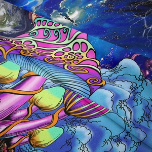 Detailed close-up showing vibrant mushroom print and soft texture of the polyester tapestry