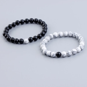 8mm lava rock and white pine stone beaded bracelets for couples in black and white