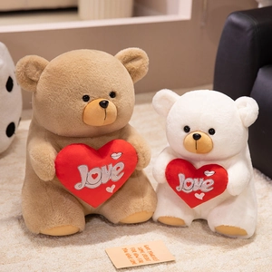 Set of brown and white teddy bears holding red plush hearts with Love embroidery