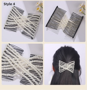 Detail of elegant black hair comb with white pearl bead weaving and crossed styling design