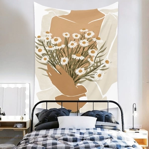 Minimalist bohemian tapestry with daisy illustration used as a cozy bedroom wall decor