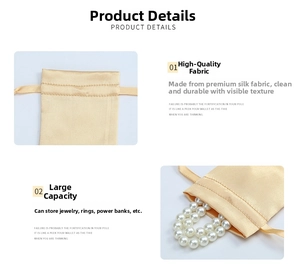 Detail of champagne gold satin drawstring pouch showing silky texture and closure