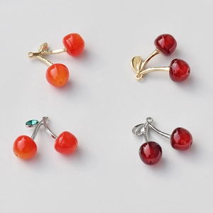 Realistic 3D cherry fruit charms in red and dark red with gold and silver stems for DIY jewelry